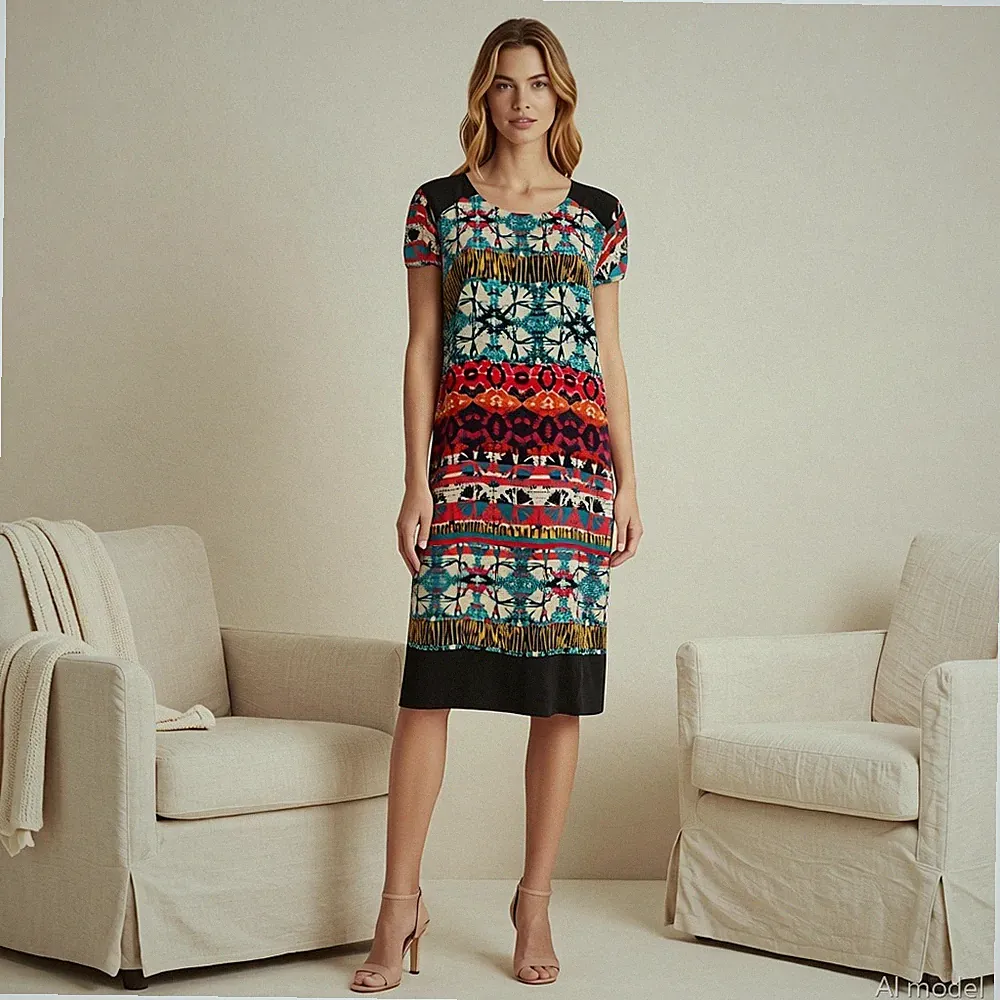 Boho Extravagant Knielang Kleid Mehrfarbig Grafikmuster Taschen M&S Per Gr. 42