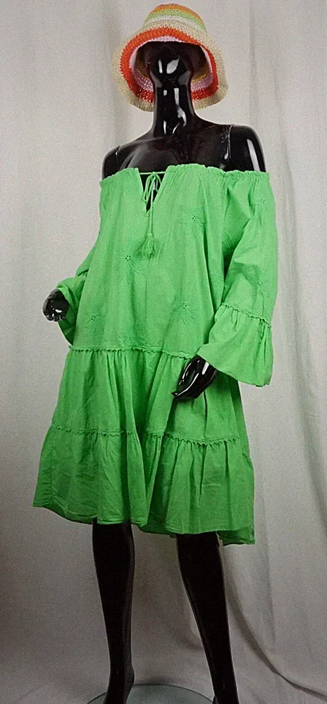 Boho Hippie Tunika Kleid Carmen Dress Volant Lochstickerei Grün 38,40,42,44 Neu