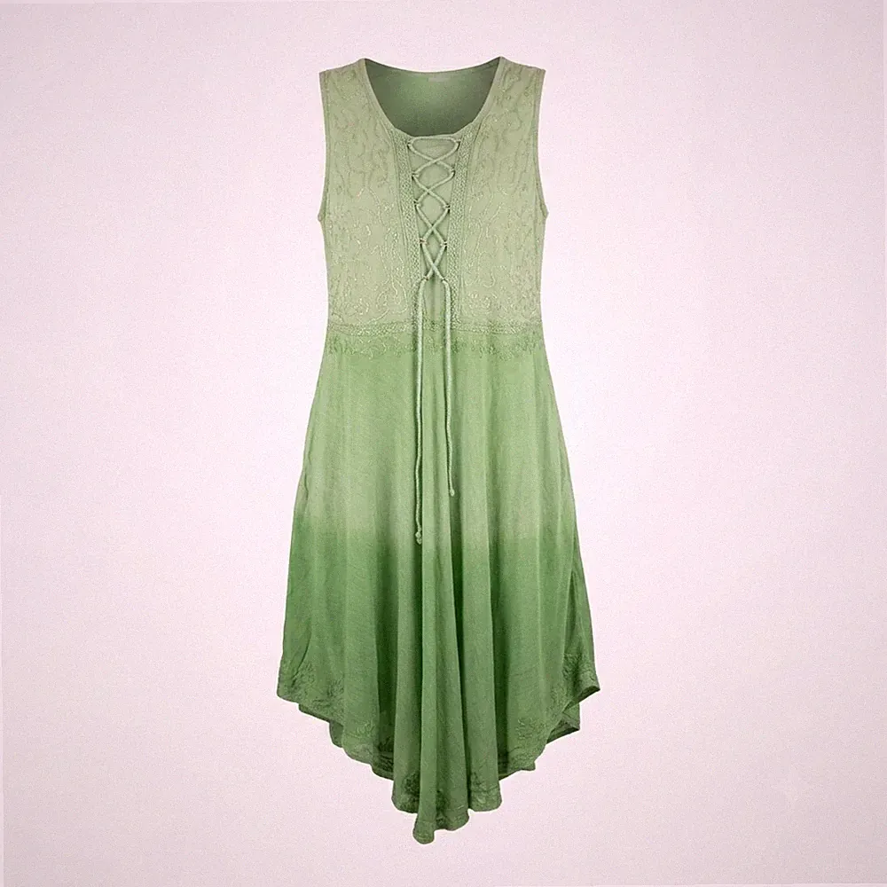 Boho Kleid Damen Grün Sommerkleid Schnürung Bestickt Hippie Dip Dye A-Linie