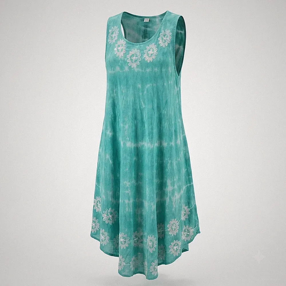 Boho Kleid Damen Sommerkleid Türkis Viskose Stickerei Strandkleid Tunika A-Linie