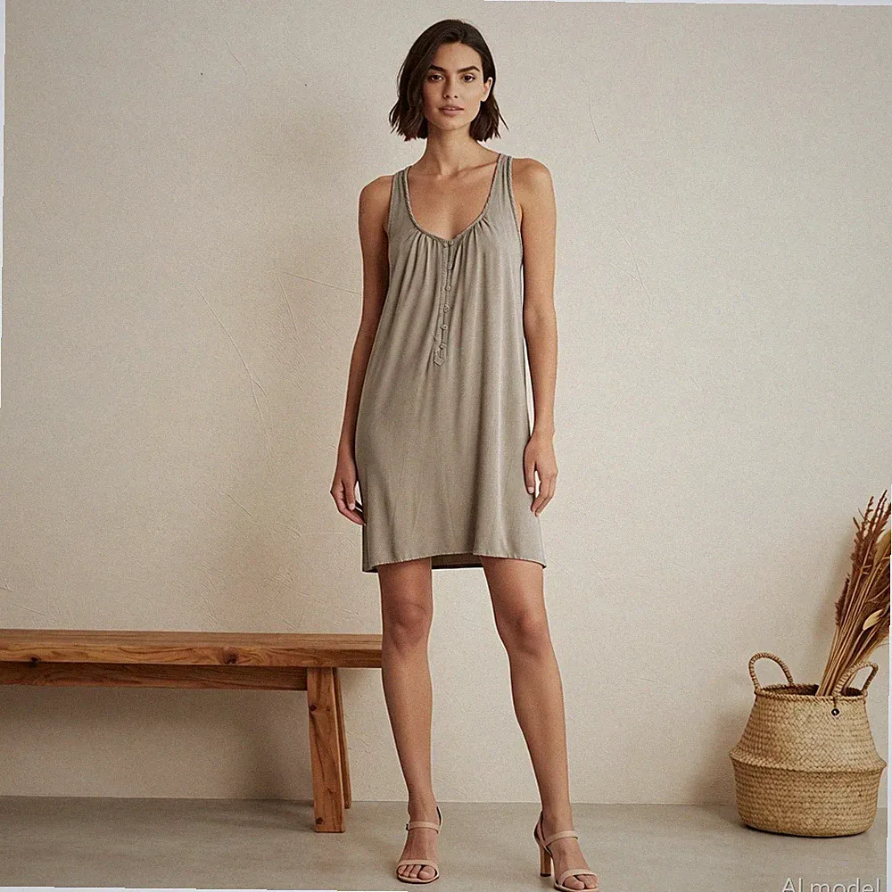 Boho Knielang Kleid Beige Viskose Dänisches Design Locker Ärmellos Hippie Gr. 40