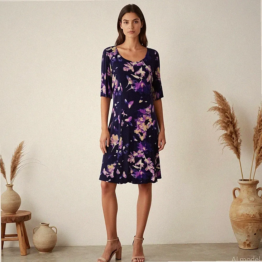 Boho Knielang Kleid Blau Lila Blumen Hänger Tiefer Rundhals Halbarm Gr. 40