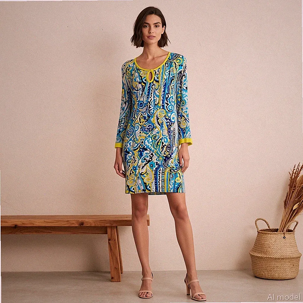 Boho Knielang Kleid Mehrfarbig Paisley Jersey 3/4 Arm Tropfenausschnitt 40-42