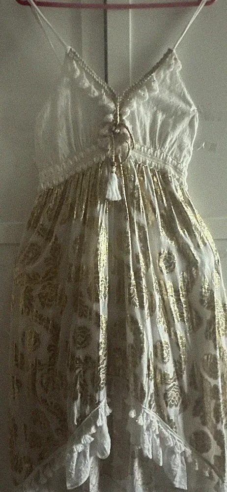 Boho Lagenlook Kleid 💙 Damen Weiß Gold Größe 36,38,S A-Linie🌸🍀💕😎