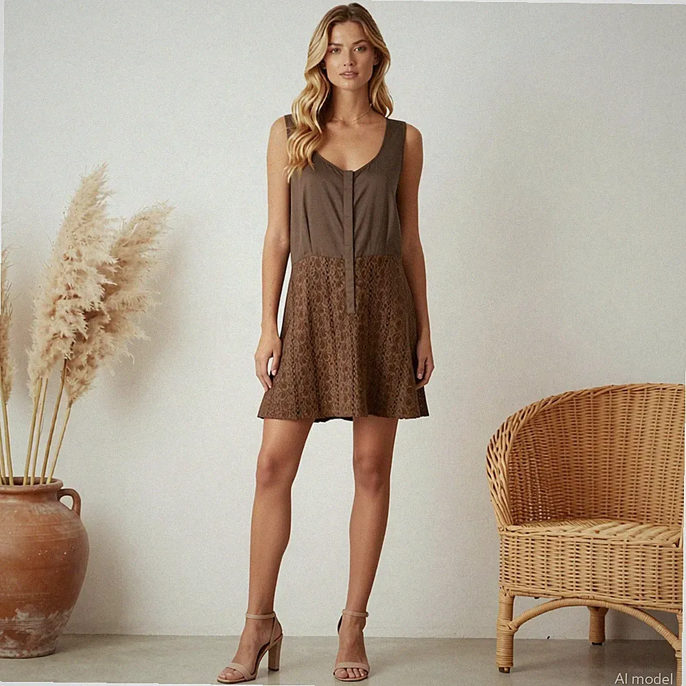 Boho Lagenlook Midi Kleid Braun Spitze A-Linie Tiefer Rundhals Ärmellos Gr. 44