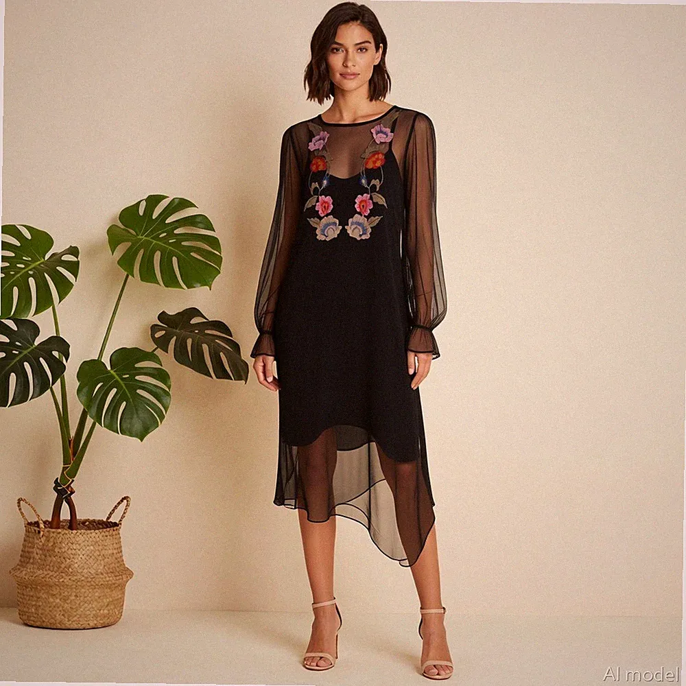 Boho Maxi Kleid Mehrfarbig Blumen Tüll Etui Langarm Bestickt Gefüttert Gr. 40