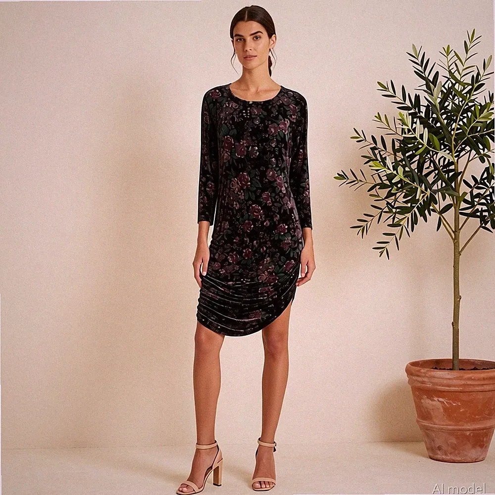 Boho Midi Kleid Mehrfarbig Blumen Jersey Etui 3/4 Arm Gerafft Stretch Hippie M