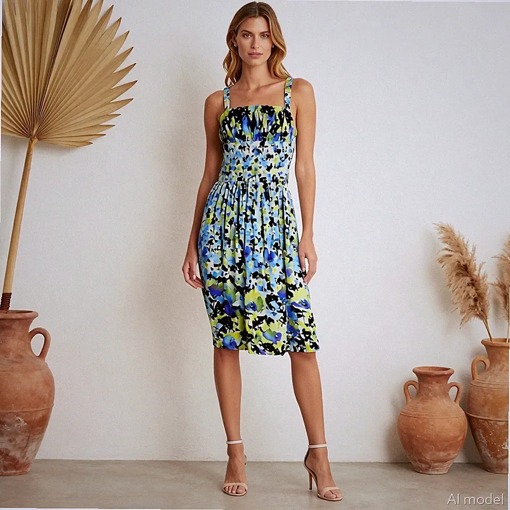 Boho Party Midi Kleid Mehrfarbig Blumen A-Linie Viereckig Ärmellos Hippie Gr. 38