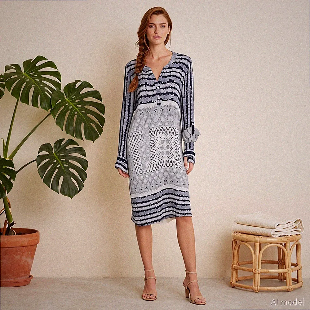 Boho Resort Midi Kleid Blau Weiß Paisley Viskose Dänisches Design Gr. 42