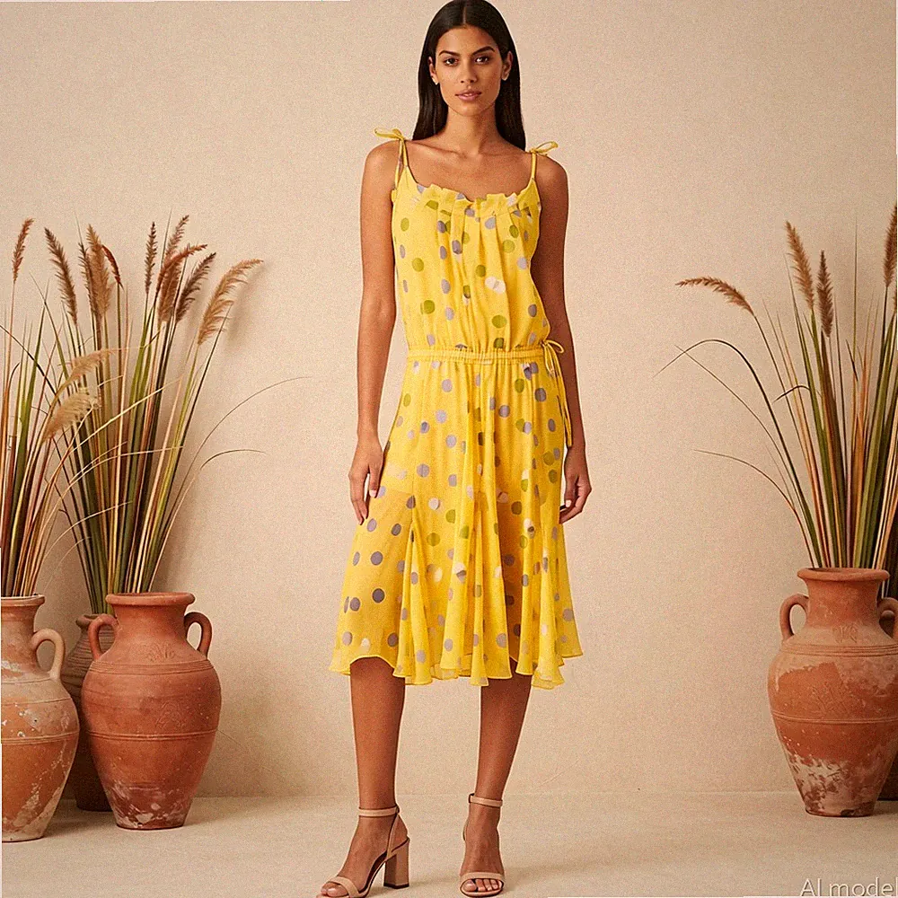 Boho Retro Midi Kleid Gelb Gepunktet Baumwolle A-Linie Ärmellos Monsoon Gr. 38