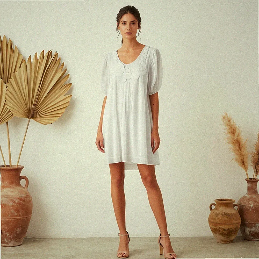 Boho Romantik Kleid Weiß Hänger Rundhals Kurzarm Rüschen Hippie Folklore M/L