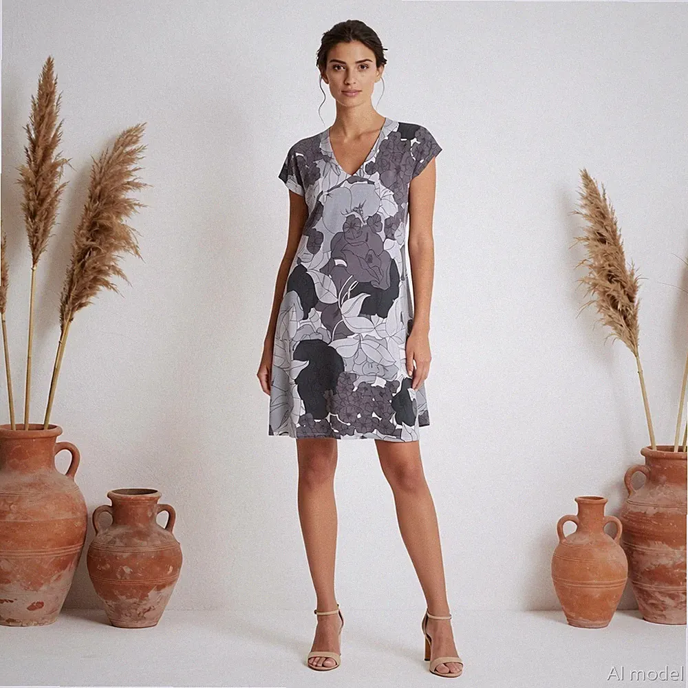 Boho Tunikakleid Blau Grau Blumen Jersey Modal Locker V-Ausschnitt Kurzarm XS
