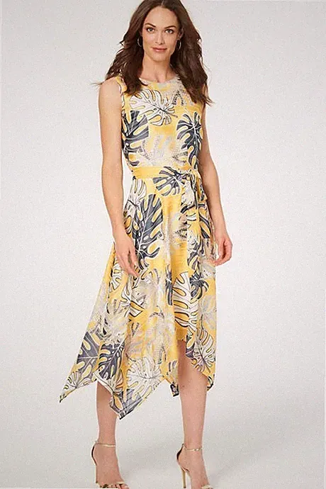 Bonmarché Midikleid Blätterdruck Taschensaum Größe 14 gelb blau Blumenmuster UVP 48 £