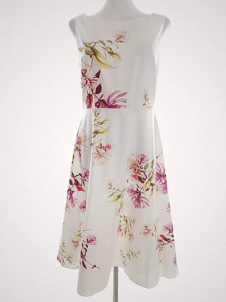 BONMARCHE Damen A-Linien-Kleid Gr. 38 Weiß Baumwolle 100% Ärmellos Midi Runder