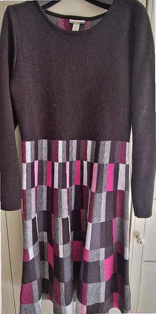 bonprix Damen A-Linien-Kleid kariert Langarm Polyacrylat Größe 40 Schwarz Pink