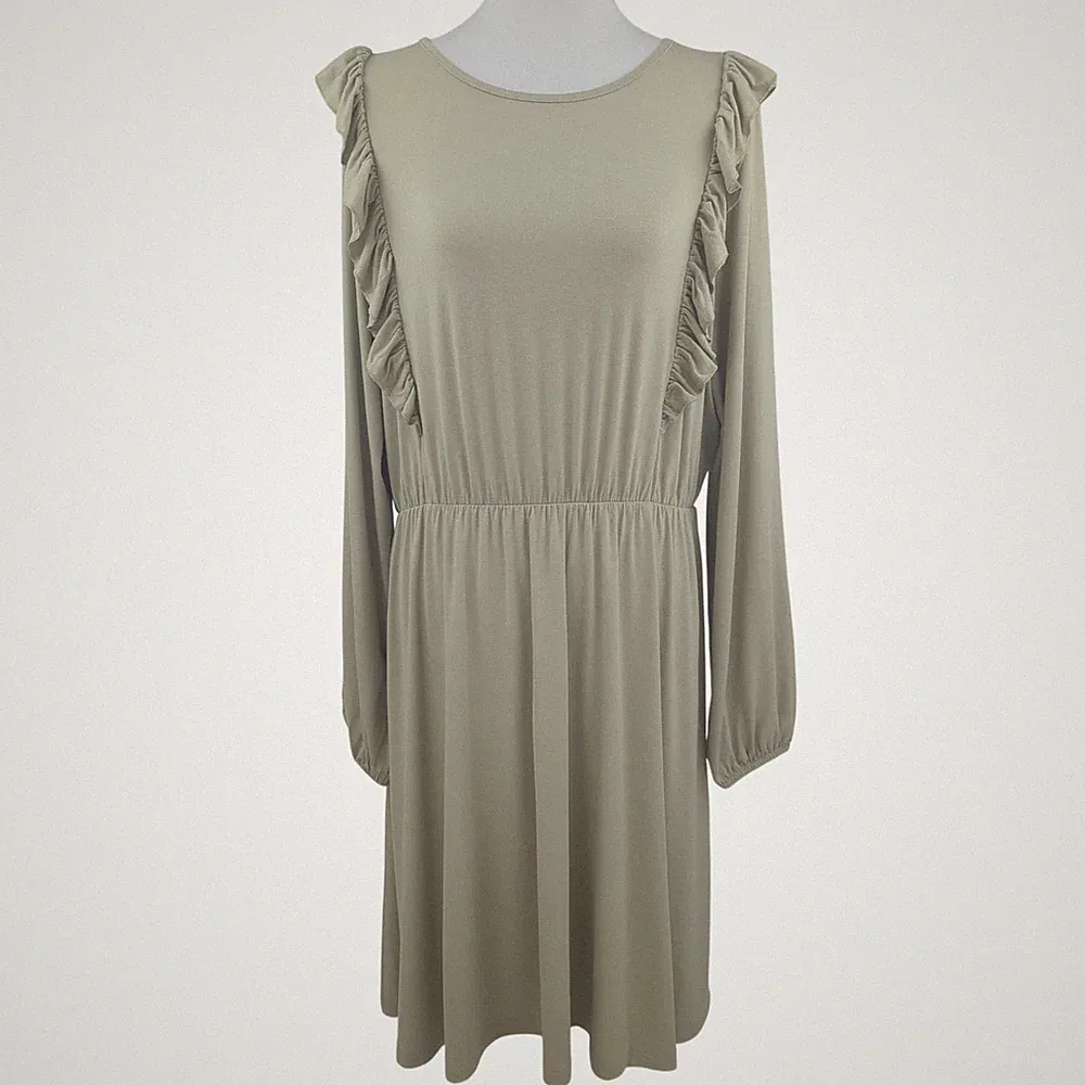 bonprix Damen Kleid Beige Volant Langarm A-Linie Freizeitkleid Gr. 44/46