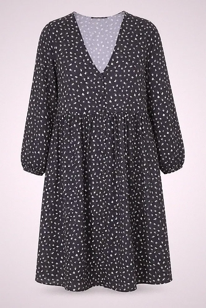 Boohoo Damen A-Linie Kleid Größe 12 UK '' Grau Blumen Midi V-Ausschnitt Langarm