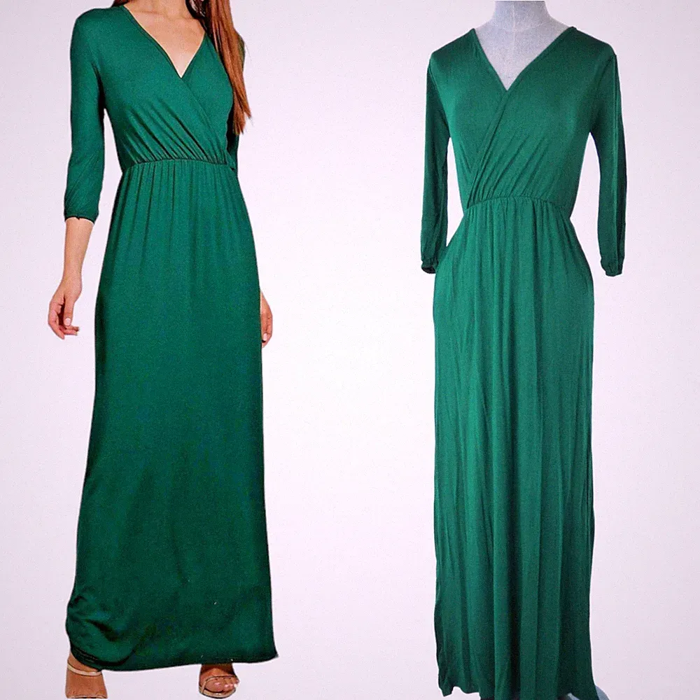 Boohoo Maxikleid Empire Taille Jadegrün Jersey Wickeloptik 3/4 Arm V-Ausschnitt UK 4