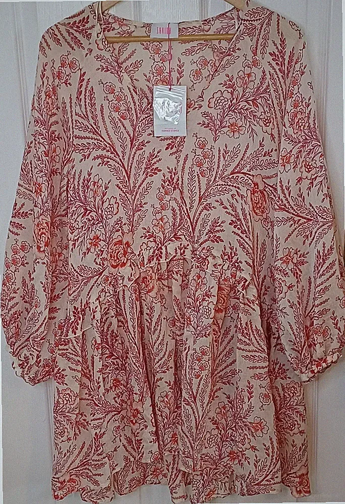 Brandneu mit Etikett Savida Dunnes Größe S Isla Blumen Hängerchen Kleid A-Linie rosa weiß Langarm