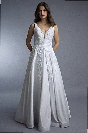 Brandneu mit Etikett Silber Brautkleid BASIX UK4-6 Full Maxi Deep-V Rückenfrei Brautkleid