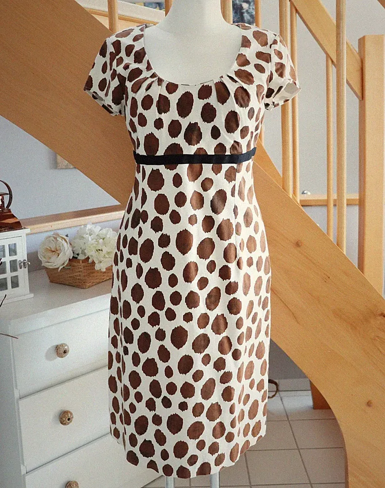 Braunes Boden Baumwolle Punkte Empire Stretch Kleid Dress Ecru Braun UK 14L D 40