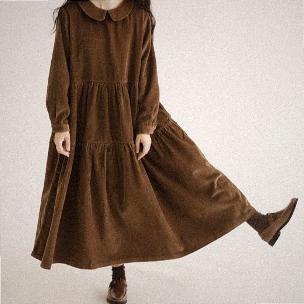 Braunes Cordkleid Mit Kragen Für Damen Mädchen Langen Ärmeln Lässig