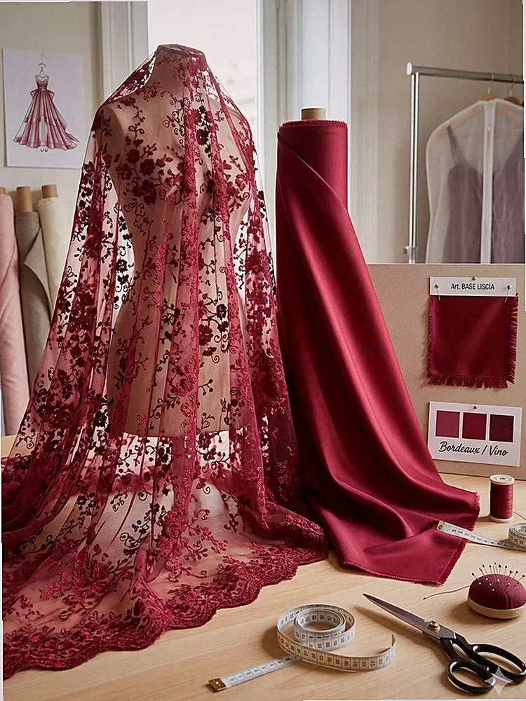 Braut Stoff Set Rot 10m Gesamt - 5m Spitze + 5m Glattstoff Brautkleid o
