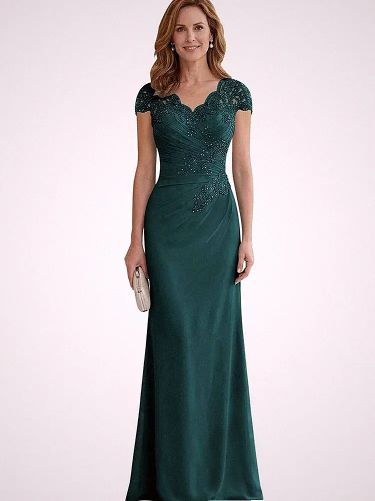 Brautmutterkleider Chiffon Elegant Spitze Kurzarm Abendkleid Hochzeit Gast