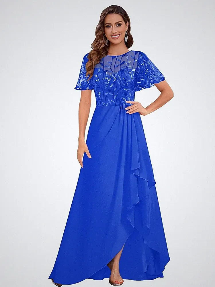 Brautmutterkleider Hochzeit Chiffon Kurzarm Rüschen Hochzeitsgast Abendkleider
