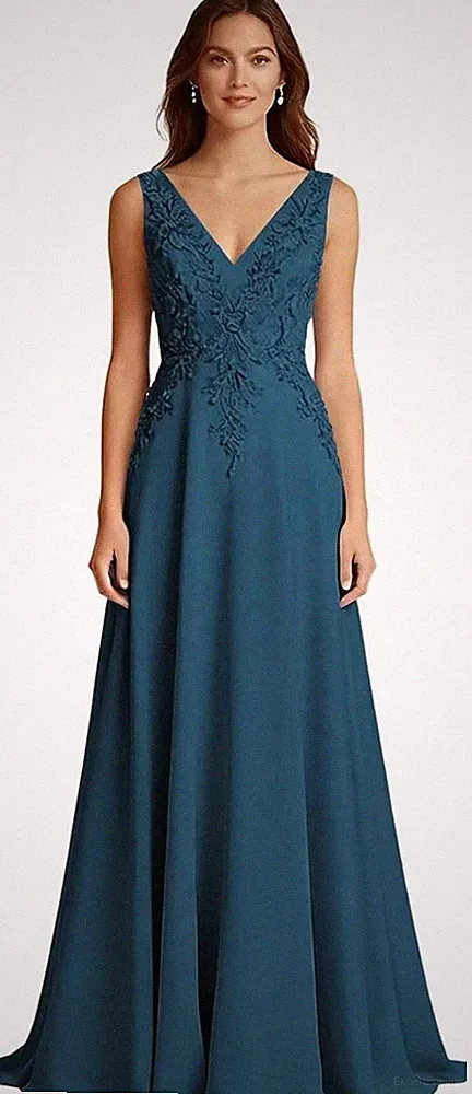 Brautmutterkleider V-Ausschnitt Elegant A-Linie Hochzeitsgäste Partykleid