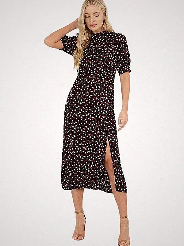 Brave Soul Midi-Kleid mit Schlitz vorne - schwarz/rot Druck Small UK 10 neu! UVP 45£