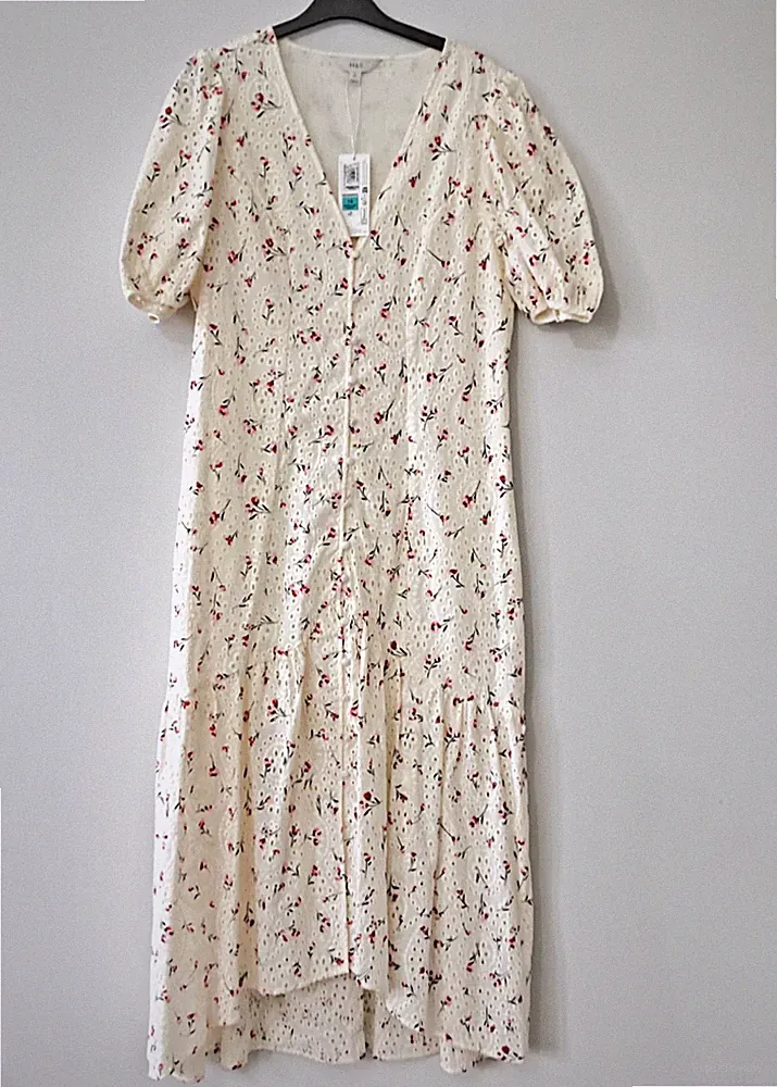 Broderie Anglaise Sommerkleid Größe 14 Elfenbein Mix Blumen Stufen Marks & Spencer