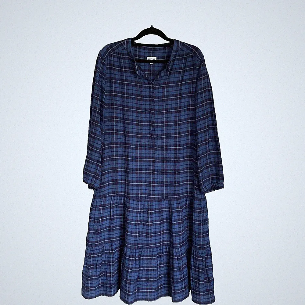 Brora Kleid Midi Damen UK 12 blau Schottenkaro Stufen Leinenmischung Folk Maxi