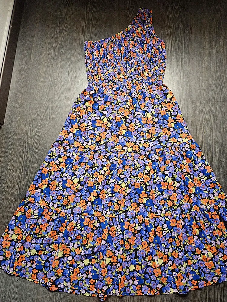 BTFBM Kleid Damen M 38/40 One Shoulder lila orange gelb Blumen orange Midilänge