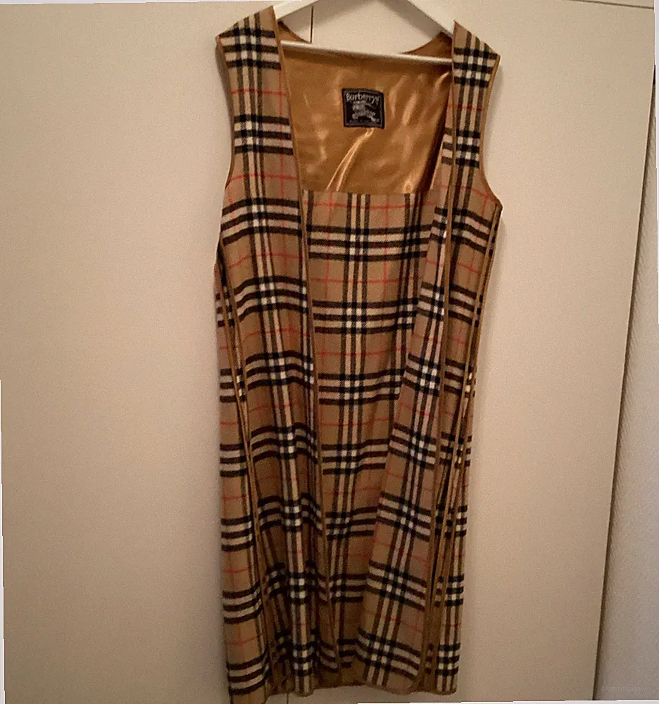 Burberry Damen A-Linie Kleid ärmellos kariert Beige/Schwarz/Rot Baumwolle M