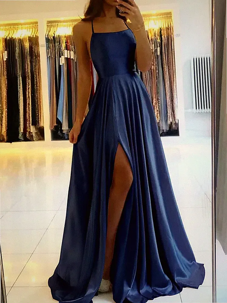 Burgunderrot Satin Strand Maxi Damen Kleid für Weihnachten Sexy Seitenschlitz Verstellbar St