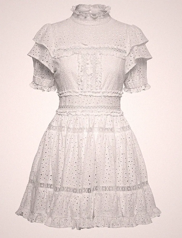 By Malina A-Linien Minikleid Gr36 weiß Spitze Lochstickerei Puffärmel Stehkragen