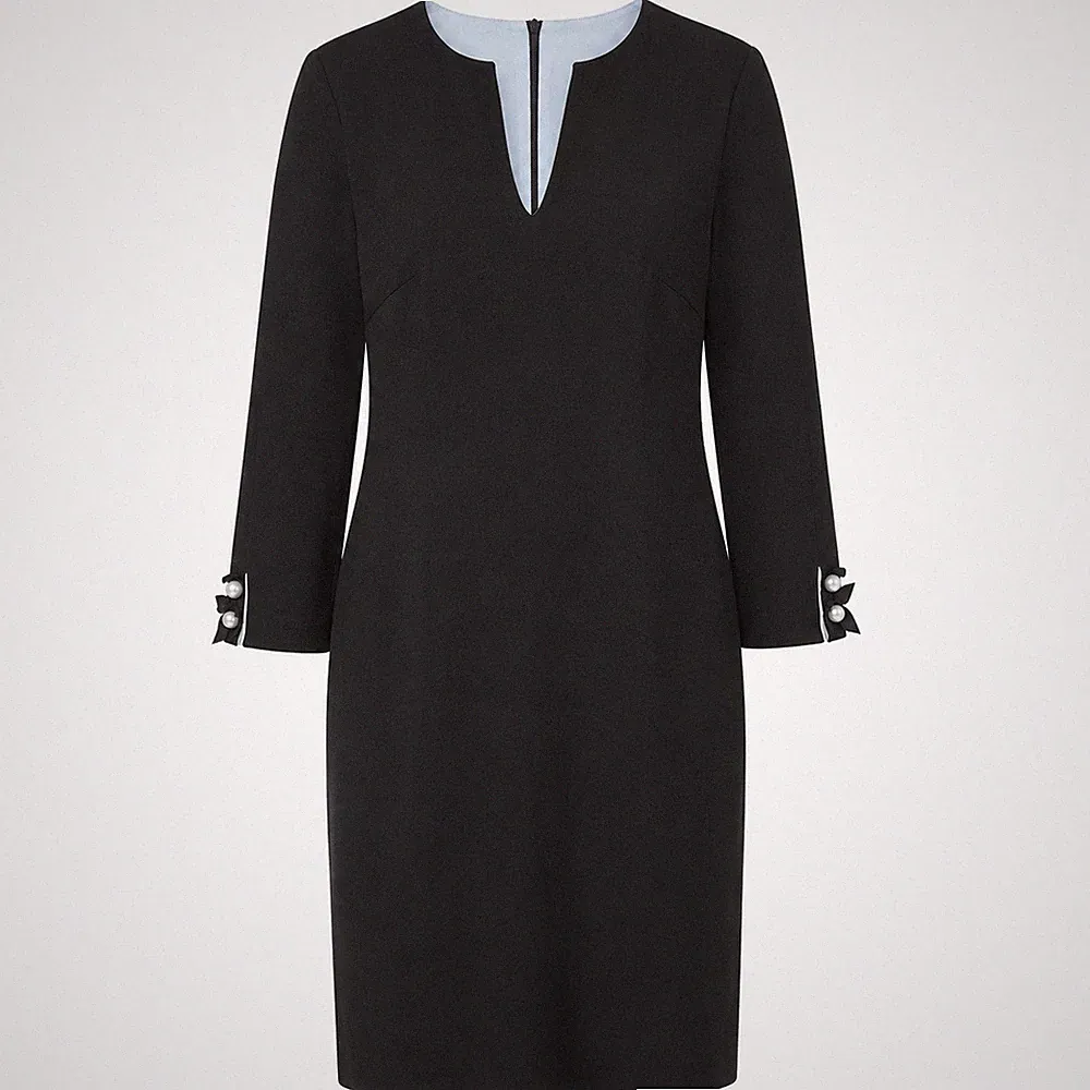 byMi Hamburg Damen Etuikleid Gr. 36 S Schwarz 3/4-Arm Perlenknöpfe