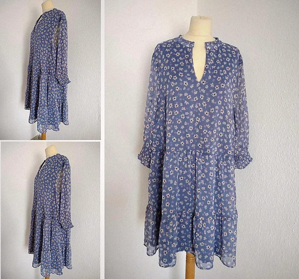 C&A Damen Kleid Gr. 50 blau Blumen Sommerkleid Chiffon Tunika