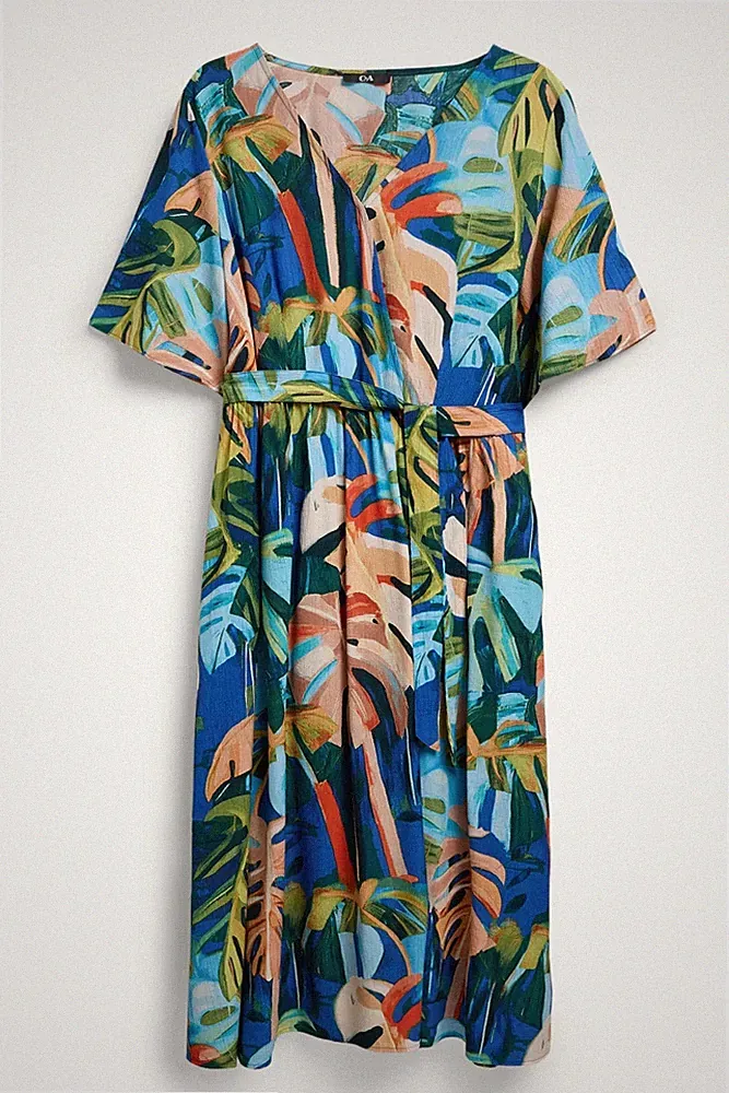 C&A Damen Sommer-Kleid bunt Gr. 50, Alloverdruck, V-Ausschnitt, Kurzarm