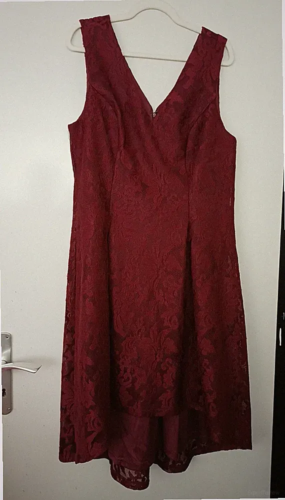 C&A Damen Spitzenkleid Gr. 44 rot Blumen, ärmellos V-Ausschnitt A-Linie asymm.