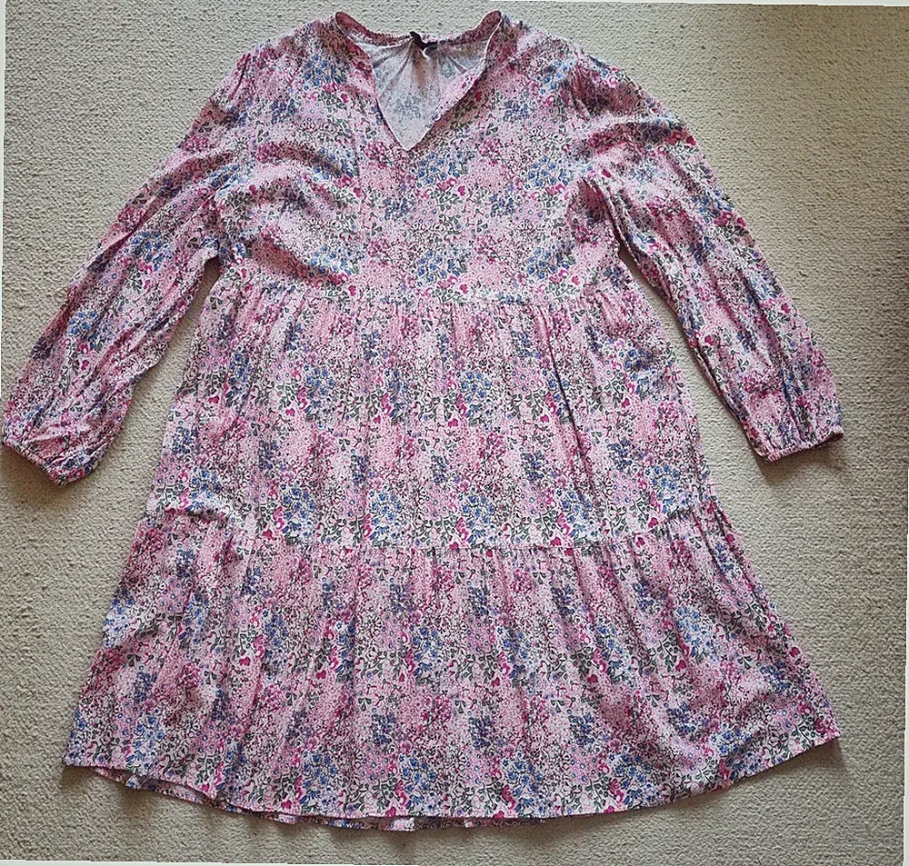 C&A Damenkleid langarm geblümt rosa gr 46 Herbst Sommer V -Ausschnitt Volant