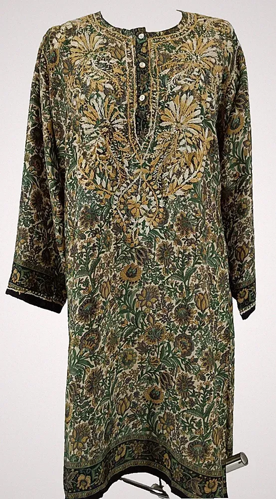 Cachet Damen Blusenkleid Gr.L/XL Grün Grau Beige Floral Seide Bestickt A-Linie