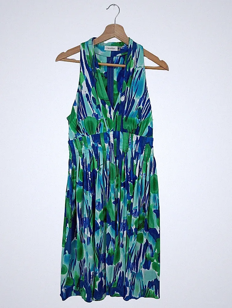 CALVIN KLEIN A-Linien Kleid Damen Kleid Gr. DE 36 blau-grün-weiß Casual-Look