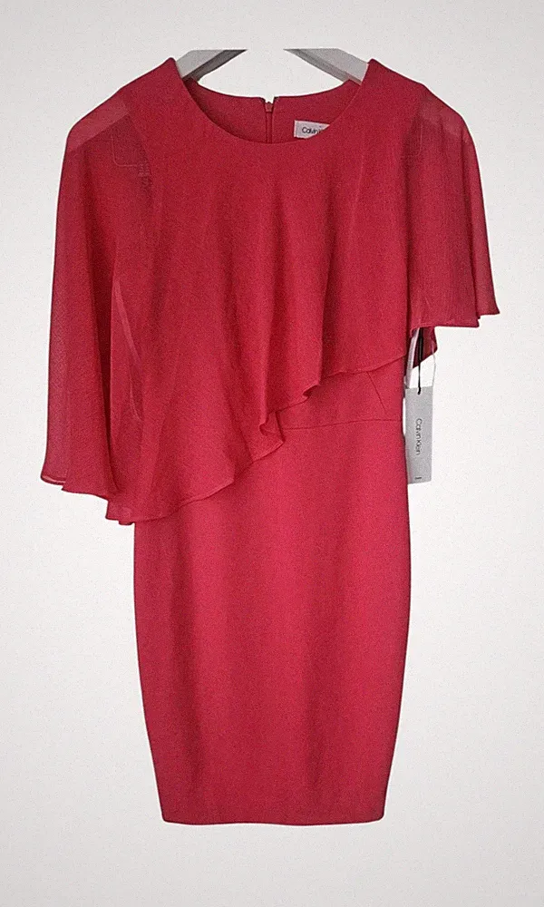 Calvin Klein Cocktailkleid rot, Cape Overlay/Scheidesilhouette, Größe 2 neu mit Etikett