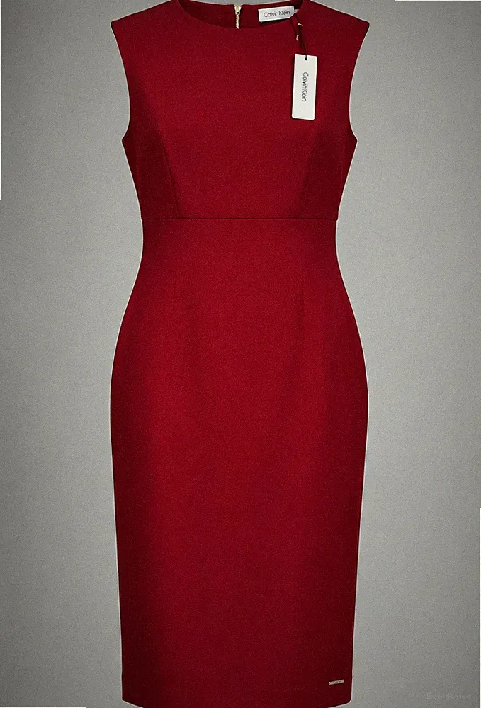Calvin Klein Damen Etuikleid rot Midi ärmellos Rundhals Reißverschluss Gr. S