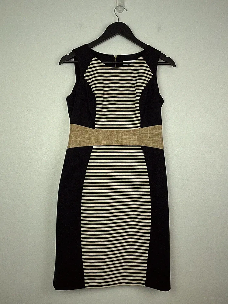 Calvin Klein Monochrome Stripe Sleeveless Sheath Straight Pencil Dress US 4 UK 8