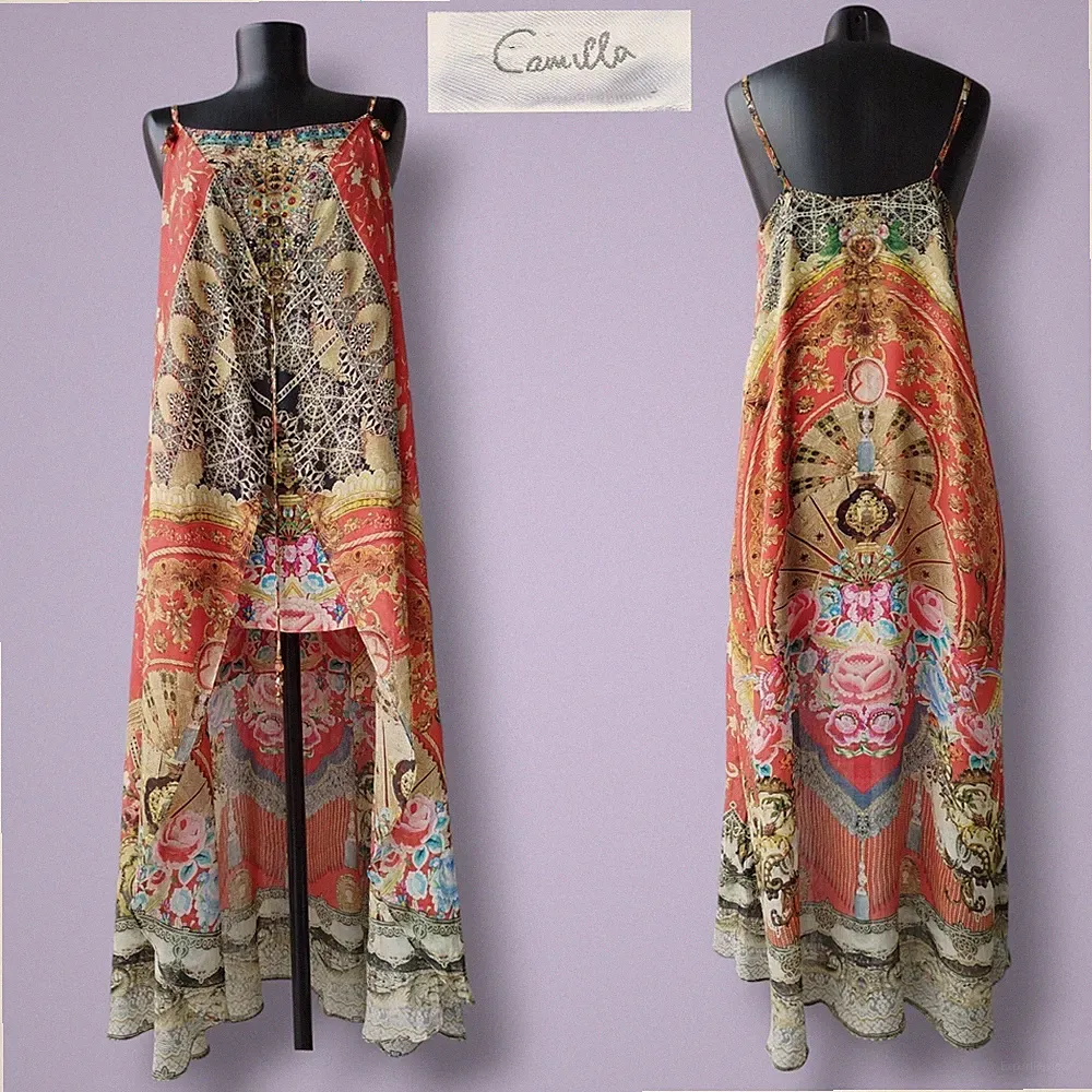 Camilla Minikleid mit Overlay Kameen Tanz Kristalle Chiffon 100% Seide Größe 1