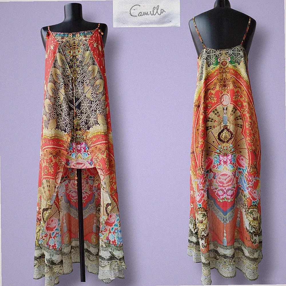 Camilla Minikleid mit Overlay Kameen Tanz Kristalle Chiffon 100% Seide Größe 1