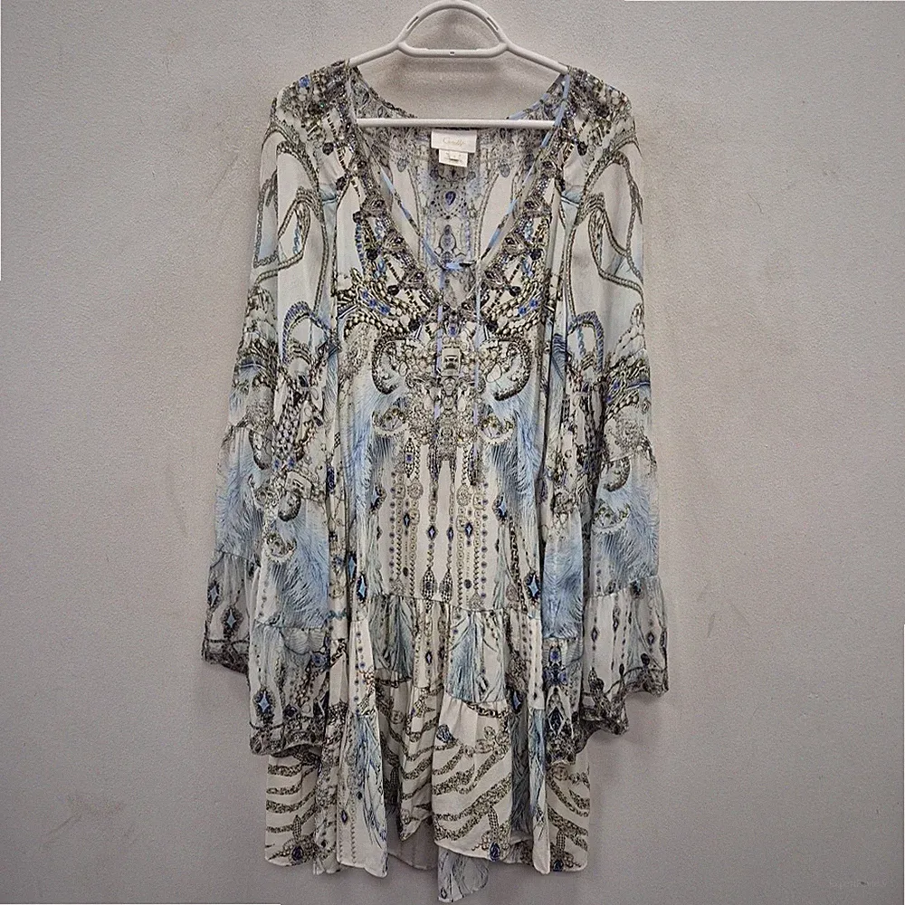 Camilla Mond und Rücken A-Linie geraffte Panel Seide Kristall Mini Kaftan Kleid Small